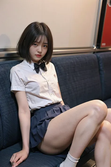 low angle shot, wearing short skirt、Fed Asian woman in bow tie sitting on the train, cute schoolgirl, japanese schoolgirl, Wearing Japanese school uniform, Wearing Japanese school uniform, White shirt, Surreal schoolgirl, high school girls, Surreal schoolg...