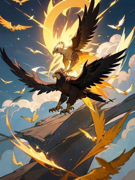 Dapeng golden-winged eagle，Golden Wing Kun Tou，Star Eyes Leopard Eyes。Zhenbeitunan，strong and brave。Transform and fly，The laughing dragoerable。Hundreds of birds hide their heads in the wind，The claws are so sharp that all the birds are frightened。