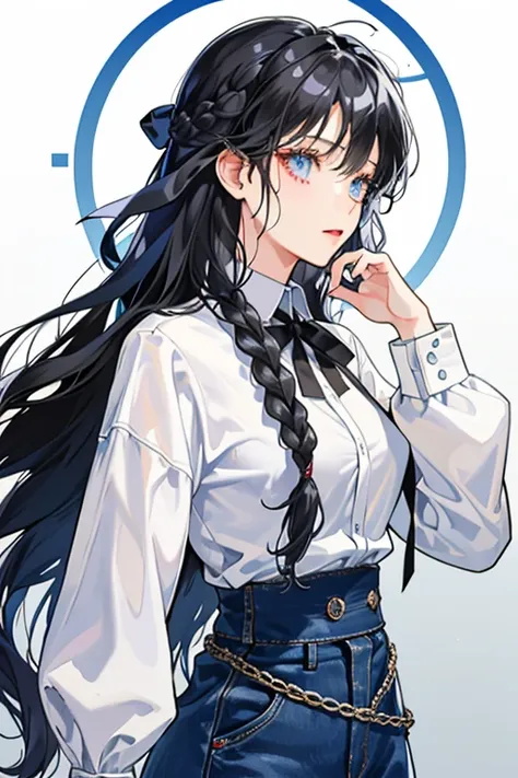 1  female，black eyelack long straight hair，thin braids，white shirt，Denim strap skirt，Very detailed，（8k，exquisite CG）