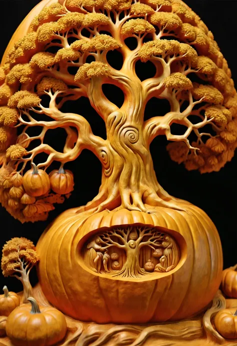 pumpkin carving art, close-up of world tree sculpture, tree of life inside the pumpkin, opulent, fantasy tree, golden sacred tre...