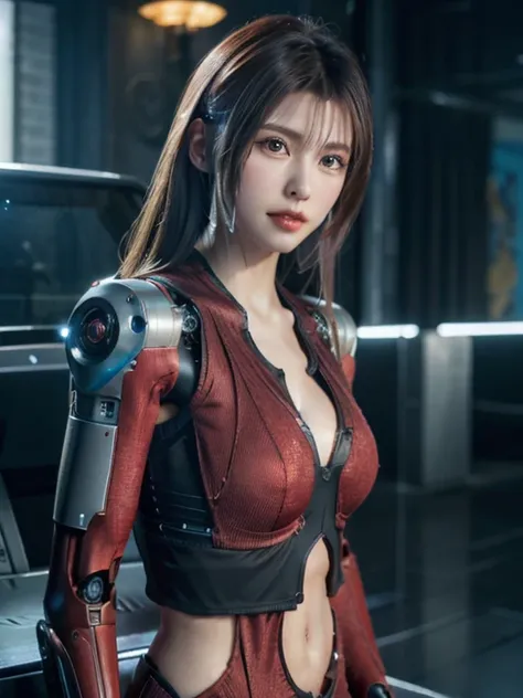 masterpiece、live-action、Over-the-knee portrait、((red plugsuit)), ((beautiful girl:1.2))、mechanized body、Mechanized chest and abdomen、mechanized occiput、Light brown semi-long hair, almost black、long eyes、Mechanized leg rack metallic suit that perfectly fits...