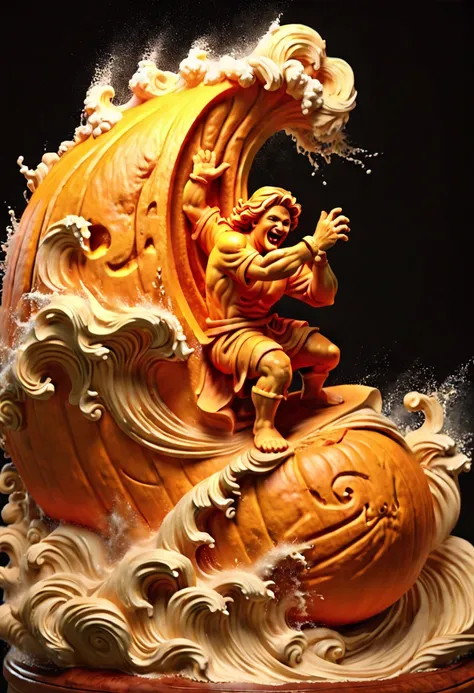 pumpkin carving art, surfer conquering a towering wave during a storm, water splashing and foam swirling in the air, 3d carving ...