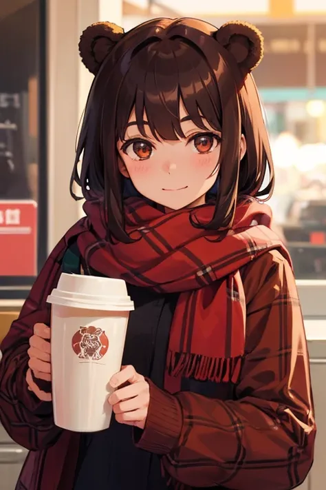 girl with bear ears, brown hair and bangs, and red scarf with tartan pattern, looking happy at camera, holding coffee 