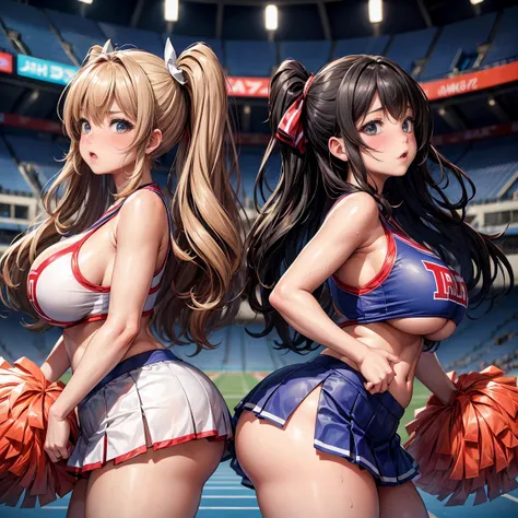 2 girltremely huge，Extremely plump，In the stadium，Cheerleading uniforms，sweating，