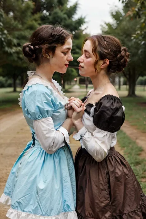 2girls, victorian age, one is a rich lady, other one is a poor farmmaid, they are kissing eachother, holding hands