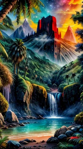 An absurdly unreal fantasy (Coliseo hecho de oro y selva tropical) Landscape inspired by the best science fiction of the 20th century., Foto RAW de 8k, of the highest quality, con arco iris