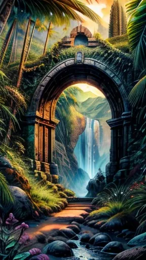 An absurdly unreal fantasy (Coliseo hecho de oro y selva tropical) Landscape inspired by the best science fiction of the 20th century., Foto RAW de 8k, of the highest quality, con arco iris