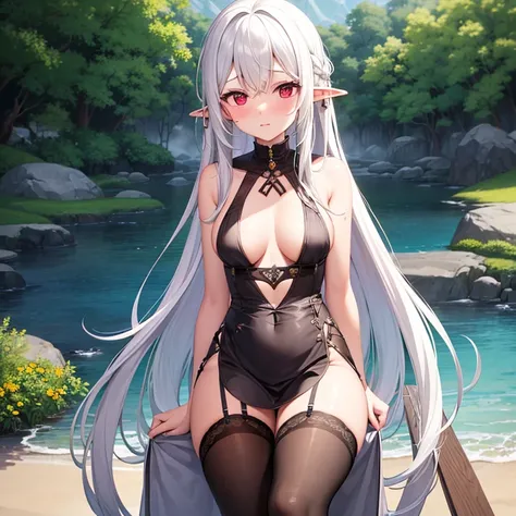 masterpiece,nsfw,1girl,long hair,white hair,red eyes,elf,very long hair,looking at viewer,blush,embarrassed,detailed skin,oil,naked apron,kneehighs,wet clothes,entrance,