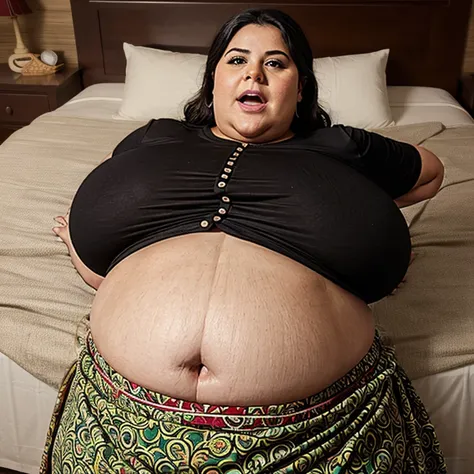 morbidly obese middle aged evil indian aunty screaming in pain from overeating, very tight kurta, extremely wide body, ussbbw, very gigantic very fat swollen pot belly, small breasts, her big belly is heavier than 200 kg, pregnant with octuplets, resting h...