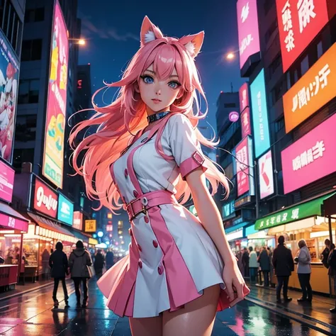 anime,girl,street,beautiful detailed eyes,beautiful detailed lips,extremely detailed eyes and face,longeyelashes,colorful hair,pink hair,adorable dress,anime style, vibrant colors, dynamic pose, bustling city, neon lights, crowded streets, bustling market,...