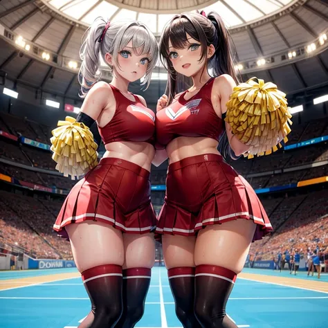 2 girls，very huge，extremely heavy，in the stadium，Cheerleading，sweating，Covered in water stains