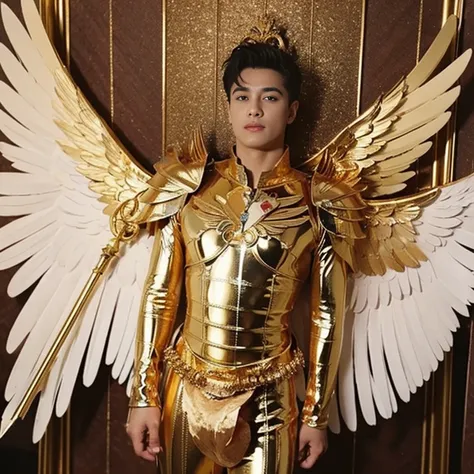 arafed boy in a gold outfit with wings and a sword, angelic golden armor, full - body majestic angel, archangel, winged boy, angel in gold armor, eros, archangel michael, winged human, epic angel wings, eros and thanatos, grand angel wings, gold wings, you...