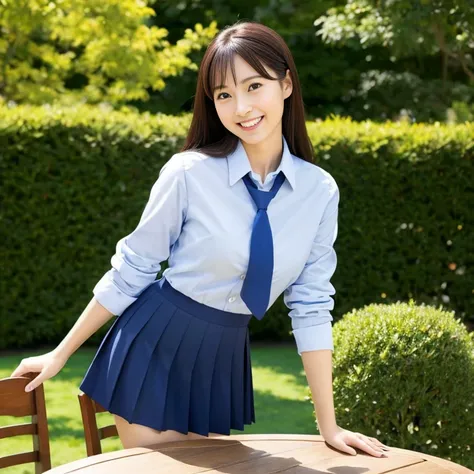 (highest quality,4K,8K,High resolution,table top:1.2),super detailed,(realistic,realistic,Photoreal:1.37),One girl in the Japan、 girl has a perfect body、smile、Transparency、big and full breasts、school uniform、navy blue tie、navy blue skirt、light blue shirt、G...