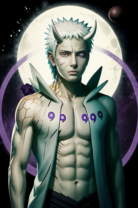 obito, masterpiece, best quality, 1boy, pale skin, long hair, white hair, black pants, horns, truth seeking balls, purple aura, ...