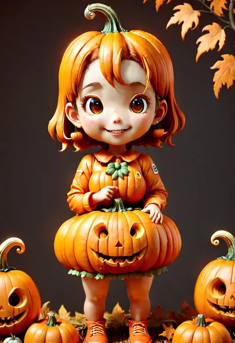 Pumpkin Carving art of a cute girl, octane render, (best quality, masterpiece, Representative work, official art, Professional, 8k), (by Yoshitomo Nara)