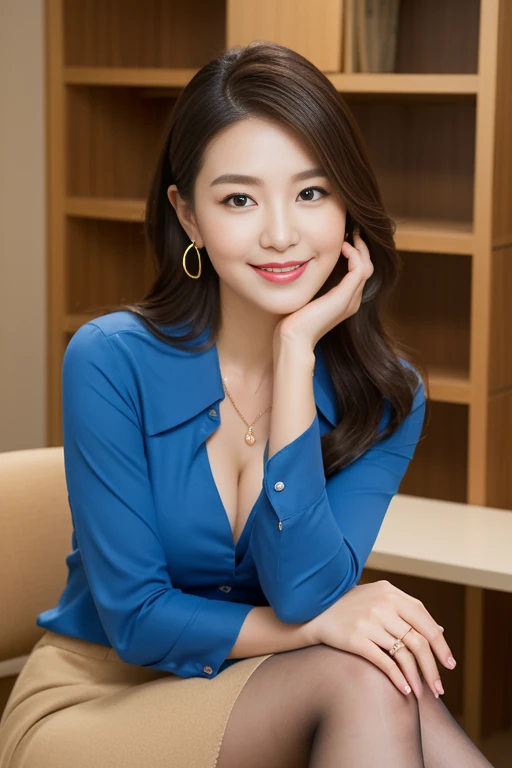 (best quality),(full body portrait),delicate face, Pretty face, Slender,((blue shirt、Beige skirt))、cleavage、inside the office、 black pantyhose,adorable，smile，long legs，sitting pose，black high heels、Tiffanys Necklace、Ring-shaped earrings
