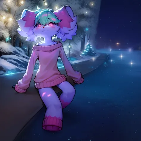 furry, light pink fur, ultra cute face, glowing sweater, beautiful lights and shadows, ambient light, ultra detailed fur, volumetric light