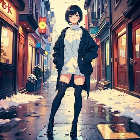 Sexy woman, oversized sweater, long legs, thigh high socks, shoes, short hair, full body, knees in, standing