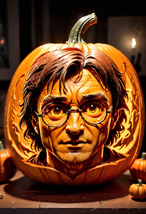 Harry Potter carved out of a pumpkin, clean lines, ambient light, octane render, (best quality, masterpiece, Representative work, official art, Professional, 8k:1.3)