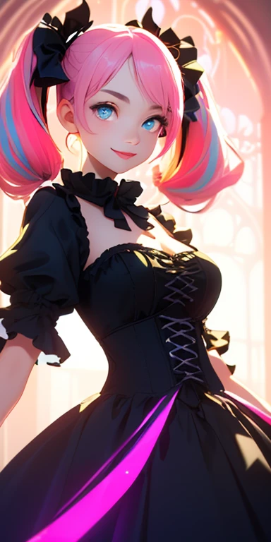 (pink hair,colorful fluorescence multicolored  hair:1.5,twintails:1.5), (masterpiece, sidelights, exquisite beautiful eyes: 1.5), masterpiece*portrait, realistic, ((gothic horror background:1.5)),(Gentle face:1.5),colorful,3D face,(cute face),front view: 1...