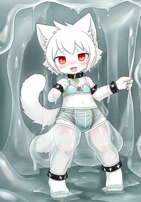 A male white cat wearing a diaper，潜入Gray translucent slime中，into the slime，（（Thighs covered with gray translucent mucus）），Gray translucent slime，collar，red pupils，cat ears，cat nose，（leg rings），（anklet），（wristband），bra