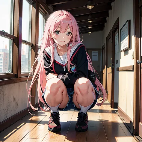 Ultra high resolution, 16k, ((masterpiece)), ((best quality))), ((super detailed)), upper body view, a girl, long pink hair, smiling, squatting on the stairs of the school building