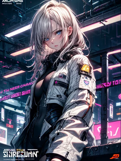 （Enrich the picture，Masterpiece level quality）Beautiful 8K CG artwork,1girl,solo,detailed face, perfect face, perfect eyes,blue eyes,Long Hair,Very long hair, big boob,thighs,grey hair,Slim and soft,big breasts,outdoors, night, neon lights,cyber punk,