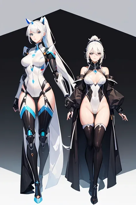 Female robot with white hair and black stockings, full body royal sister, single ponytail, high heels, mechanical body swimsuit 