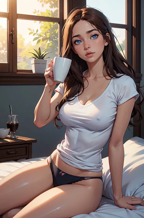 a woman with long brown hair, ((blue eyes)),  sitting on a bed, wearing a tshirt and panties, drinking coffee, warm sunlight from windows, ana de armas, hair with many details, beautiful sensual neckline, medium breasts, 8k artgerm bokeh, fanart best artst...