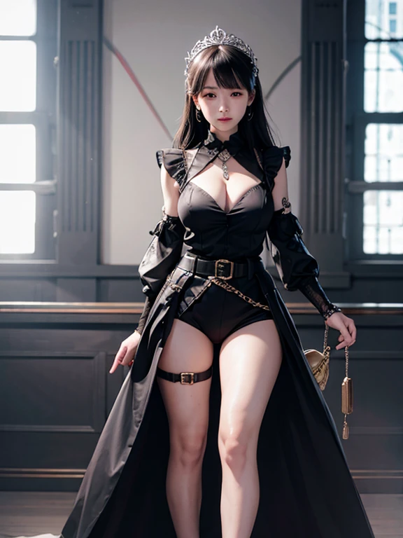 Full body, whole body, head to toe, (masterpiece:1.3),(highly detailed:1.3),(highres:1.1),best quality,Ultra-detail,1girl,solo,jelotopaz,hair ornament,black jacket,collared shirt,cleavage,detached sleeves,black elbow gloves,belt,coin,