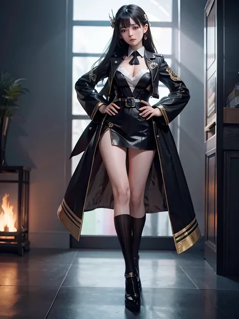 Full body, whole body, head to toe, (masterpiece:1.3),(highly detailed:1.3),(highres:1.1),best quality,Ultra-detail,1girl,solo,jelotopaz,hair ornament,black jacket,collared shirt,cleavage,detached sleeves,black elbow gloves,belt,coin,