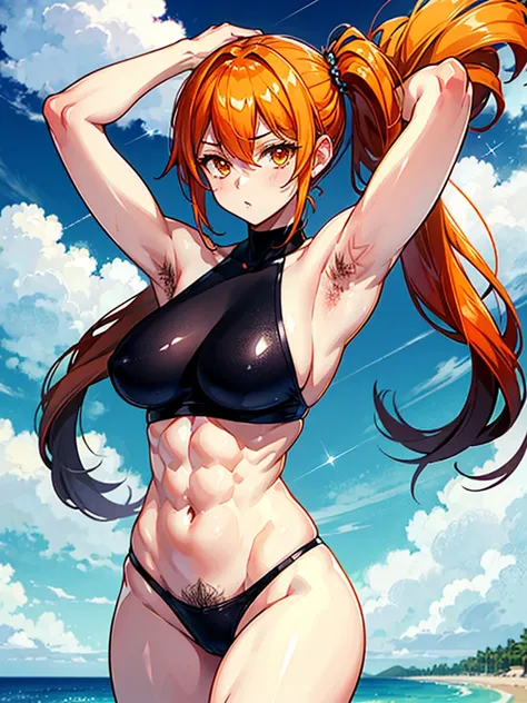 （（（masterpiece、Highest image quality、highest quality、highly detailed unity 8ｋwallpaper）））、（（Illustration of one girl））、beautiful girl、（（orange hair、side ponytail、sidelocks：1.4、orange eyes））、（（（stocky build：1.4, thickset physique：1.6, muscular legs, broad s...