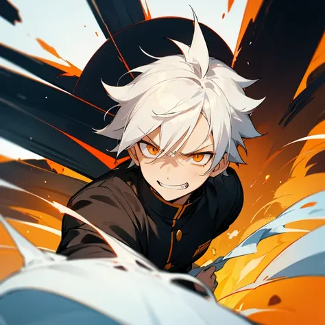 1boy, white hair, orange eyes, wearing black uniform, grin, annoyed face, explosion, detailed eyes, pretty eyes, face focus, smi...