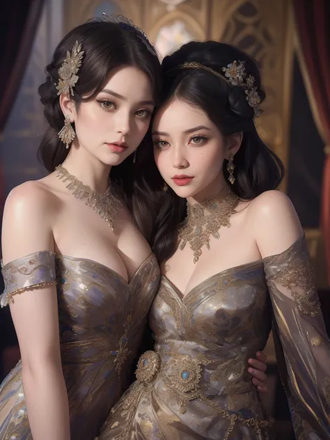 masterpiece, Highest image quality, Beautiful bust of a royal lady, Delicate black hairstyle, Amber eyes are clear, Embellished with a dazzling array of intricate jewelry, super detailing, upscaled, (2girls, cheek to cheek, kiss:1.2)