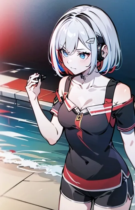 (masterpiece:1.2), (pale skin:1.2), (solo:1.2), (female:1.1), (emphasis lines:1.3), (:1.2), blue eyes, white hair, red hair, bangracelets:1.1), short hair, (shorts:1.2), casual, bare shoulders, collarbone, (camisole:1.1), outdoors, day, earphone