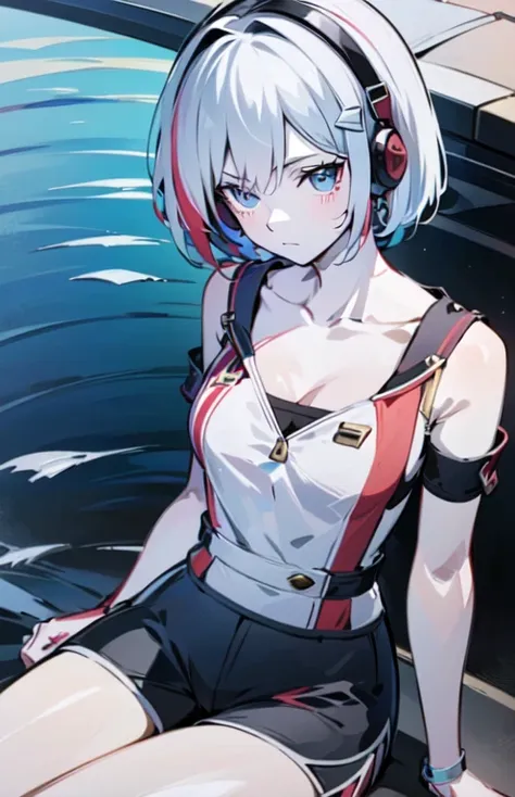 (masterpiece:1.2), (pale skin:1.2), (solo:1.2), (female:1.1), (emphasis lines:1.3), (:1.2), blue eyes, white hair, red hair, bangracelets:1.1), short hair, (shorts:1.2), casual, bare shoulders, collarbone, (camisole:1.1), outdoors, day, earphone