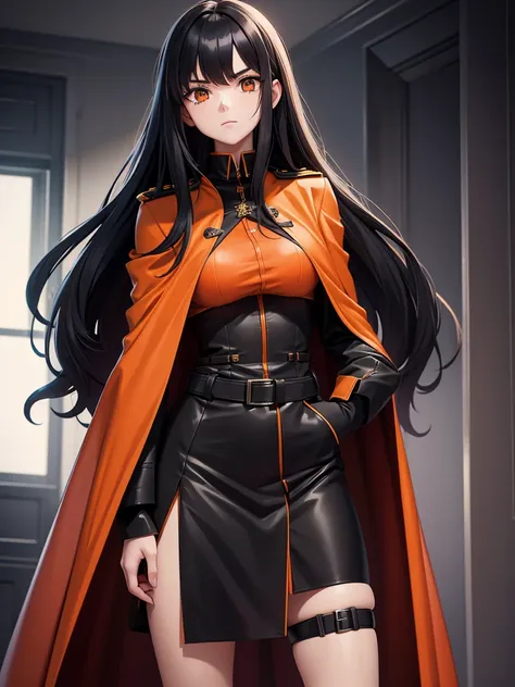 long black-haired white 17-year-old girl wear military suit, orange cape, big hazel eyes, sci-fi, dark mood, charturnerv2