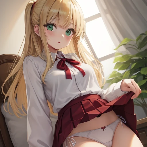 blonde, green eyes, ロングヘアー,blouse,red pleated skirt lift ,white side-tie panties,