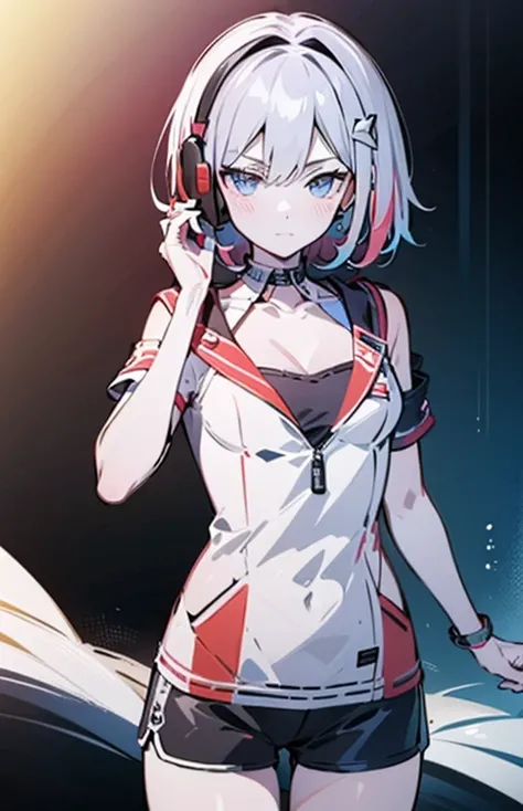 (masterpiece:1.2), (pale skin:1.2), (solo:1.2), (female:1.1), (emphasis lines:1.3), (:1.2), blue eyes, white hair, red hair, bangracelets:1.1), short hair, (shorts:1.2), casual hoodie, bare shoulders, collarbone, (camisole:1.1), outdoors, day, earphone