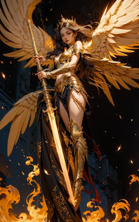 Angel,Super powerful flame Angel flies out of the clouds, The golden meteor magic behind him surrounds his body, gothic style, Gorgeous golden armor, huge flaming greatsword, rich background, Sword art background, Filming, depth of field, Super Vision, Sup...