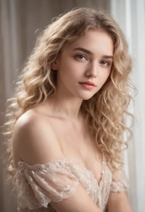 Full body photo face to feet, Twelve-year-old beautiful blonde girl, squat down pose, open legs looks like, perfect face details, wearing a very transparent clear off-shoulder sleevless very short dress, long curly messy hair, uncover back, perfect physiqu...