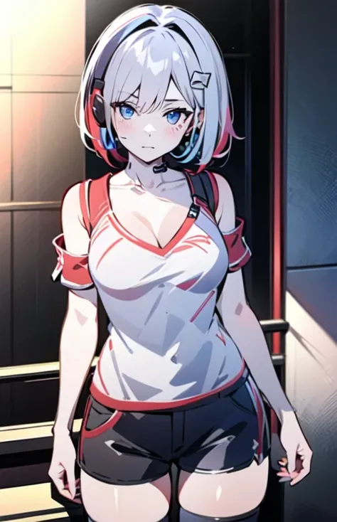 (masterpiece:1.2), (pale skin:1.2), (solo:1.2), (female:1.1), (emphasis lines:1.3), (:1.2), blue eyes, white hair, red hair, bangracelets:1.1), short hair, (shorts:1.2), casual sweater, bare shoulders, collarbone, (camisole:1.1), outdoors, day, earphone