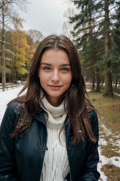 Shot of a 20 year old beautiful model,  nicht zu perfekt.  foto soll wie amateur wirken, braune Haare, blaue Augen, happy face, realistische Fotografie. moderne dickere jacke an. spaziert im wald. es ist winter, aber es liegt nur ganz bisschen schnee