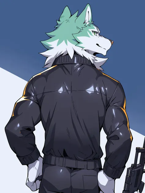 back view, shirou, brand new animal, studio trigger, shirou ogami, canid, canine, canis, mammal, wolf, abs, anthro, black bottom...