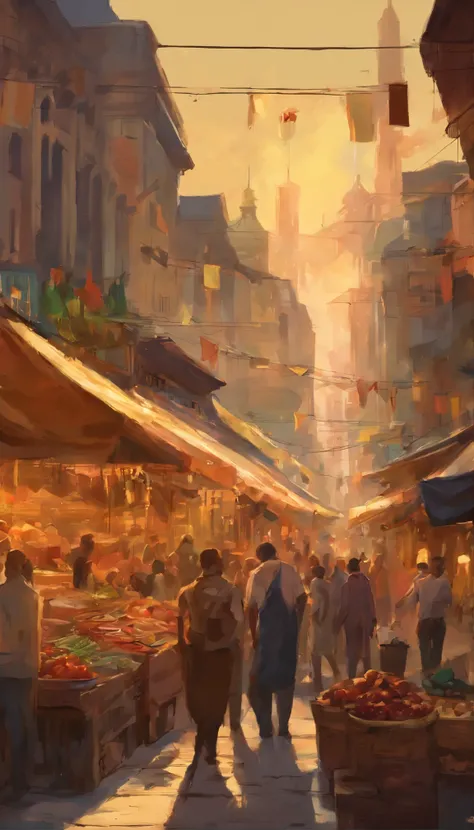 Generate an oil painting illustrating the energy of a bustling street market, with vendors, shoppers, and colorful goods, all bathed in the golden glow of sunset