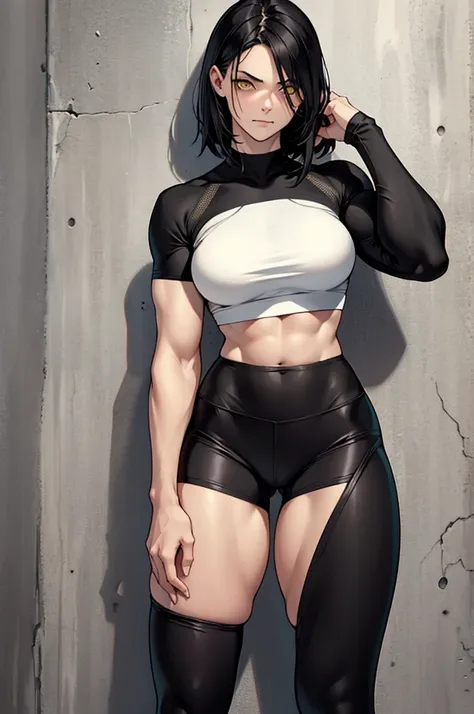 short legging 1girl muscular pale skin black hair yellow eyes black against wall sad sad sad sad tight short leggings  white thick thick thick thick muscular muscular muscular muscular muscular girl dark dark, meias calça marrom, coxas sexy, belos olhos