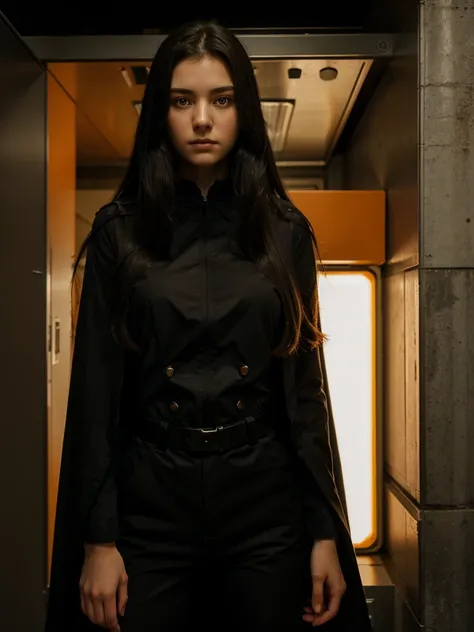 long black-haired white 17-year-old girl wear military suit, orange cape, big hazel eyes, sci-fi, dark mood, charturnerv2