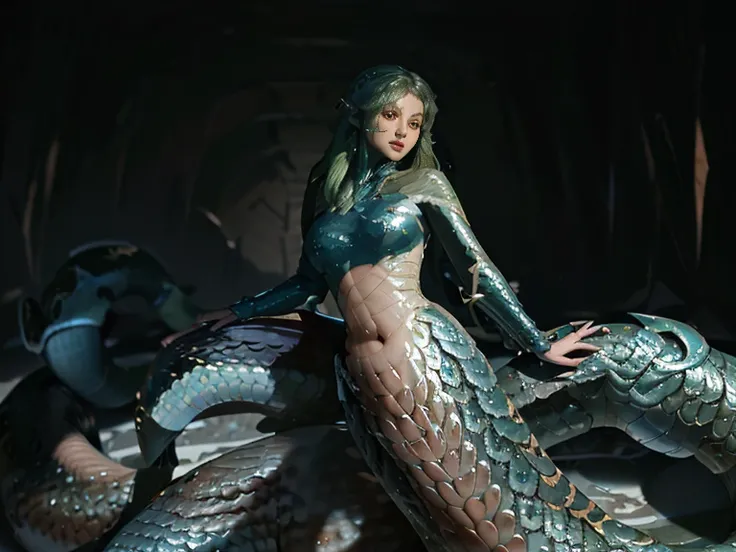 (Mermaid:1.2), (snake tail:1.3)，8k ultra high definition，original photo，Snake woman，（python mode），（snake man），(True humans:1.3)，(high resolution:1.4)，(detailed:1.5)，(lifelike:1.7)，original photo，portrait photos，scale of reality，long golden hair，original ph...