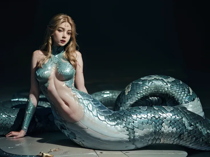 (Mermaid:1.2), (snake tail:1.3)，8k ultra high definition，original photo，Snake woman，（python mode），（snake man），(True humans:1.3)，(high resolution:1.4)，(detailed:1.5)，(lifelike:1.7)，original photo，portrait photos，scale of reality，long golden hair，original ph...