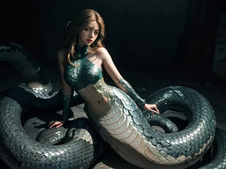 (Mermaid:1.2), (snake tail:1.3)，8k ultra high definition，original photo，Snake woman，（python mode），（snake man），(True humans:1.3)，(high resolution:1.4)，(detailed:1.5)，(lifelike:1.7)，original photo，portrait photos，scale of reality，long golden hair，original ph...